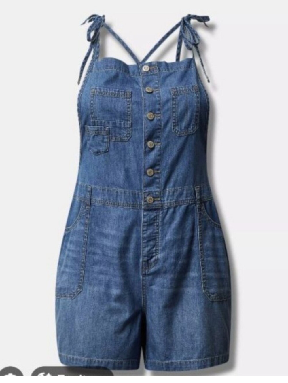 Torrid Tie Shoulder Jean Button Front Overall Romper